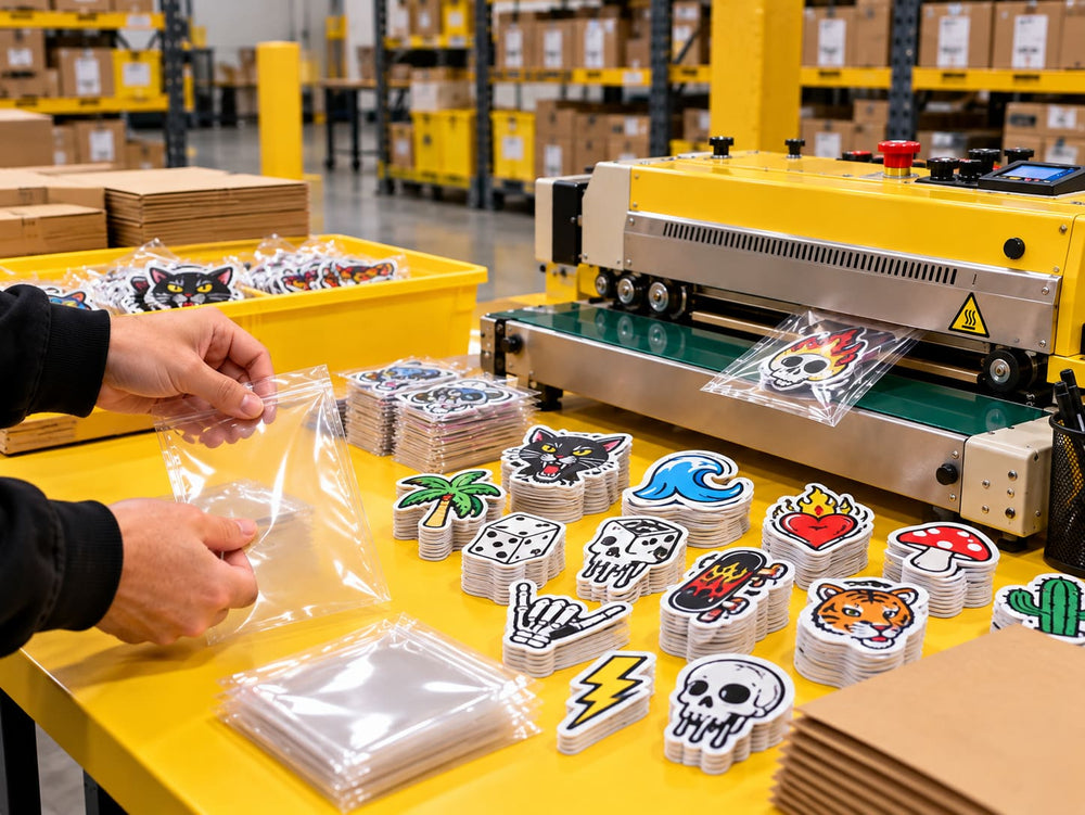 Custom stickers being sealed and packed at the Stickerpack dispatch station